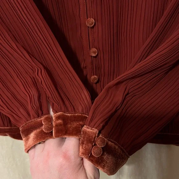 Free People Pleated Chiffon with Velvet Details Button-Up Blouse - Picture 6 of 8